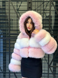 Pink & White Fox Fur Jacket, Short 2 in 1 Vest Coat, Women Fox Fur Jacket. Premium Fox Fur Coat, Crop Fox fur