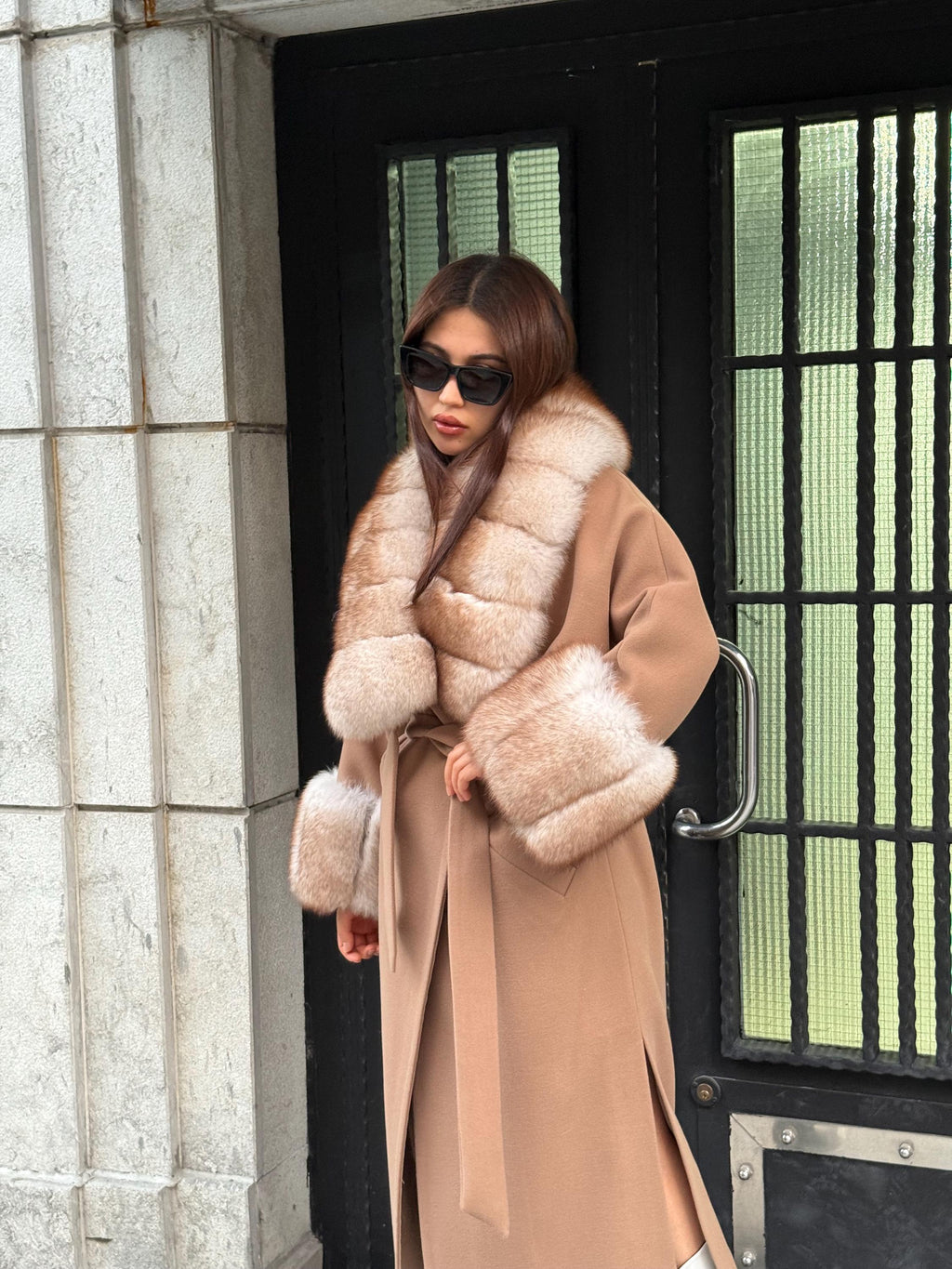 Camel Long Cashmere Collar Cuffs Fox Fur Coat, Women Fox Fur Jacket, Premium Fox Fur Jacket, Collar Huge Fox Fur