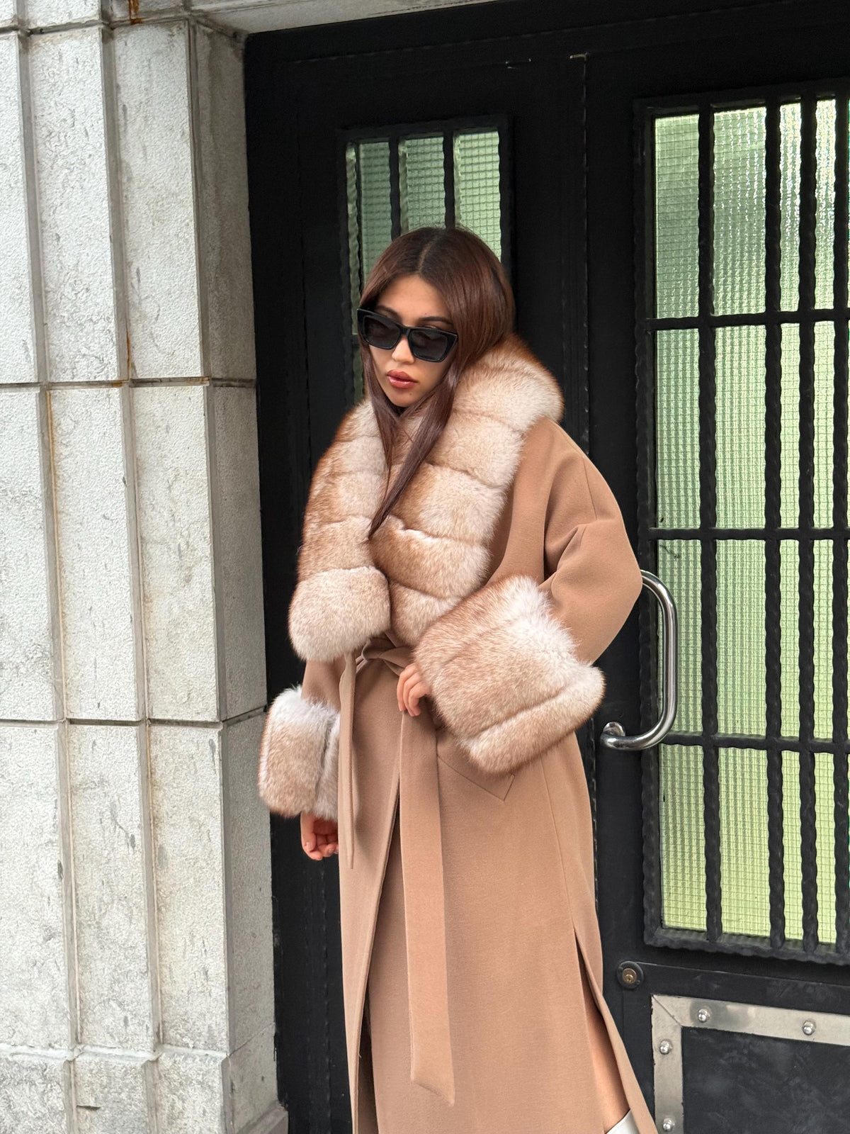 Camel Long Cashmere Collar Cuffs Fox Fur Coat, Women Fox Fur Jacket, Premium Fox Fur Jacket, Collar Huge Fox Fur
