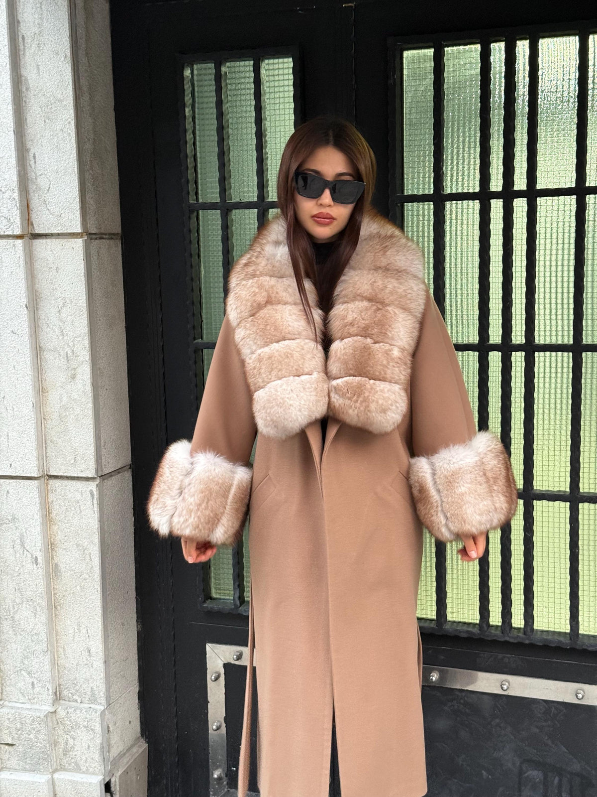 Camel Long Cashmere Collar Cuffs Fox Fur Coat, Women Fox Fur Jacket, Premium Fox Fur Jacket, Collar Huge Fox Fur