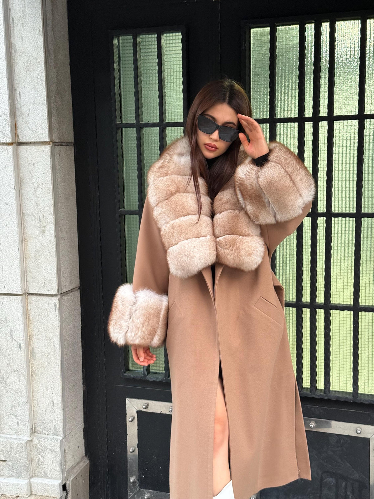 Camel Long Cashmere Collar Cuffs Fox Fur Coat, Women Fox Fur Jacket, Premium Fox Fur Jacket, Collar Huge Fox Fur