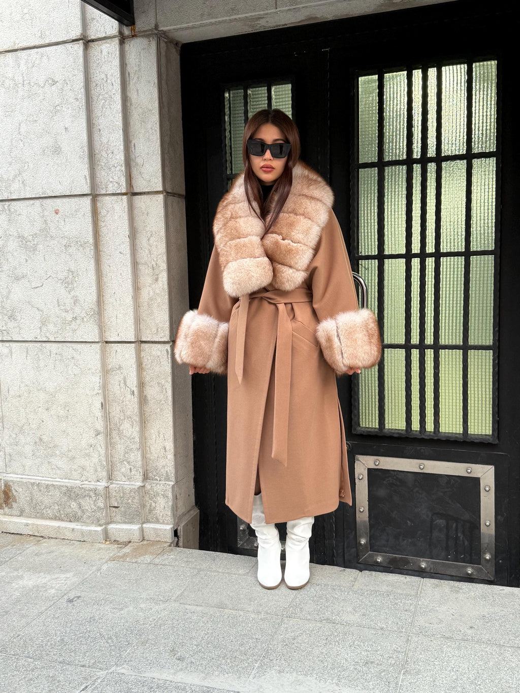 Camel Long Cashmere Collar Cuffs Fox Fur Coat, Women Fox Fur Jacket, Premium Fox Fur Jacket, Collar Huge Fox Fur