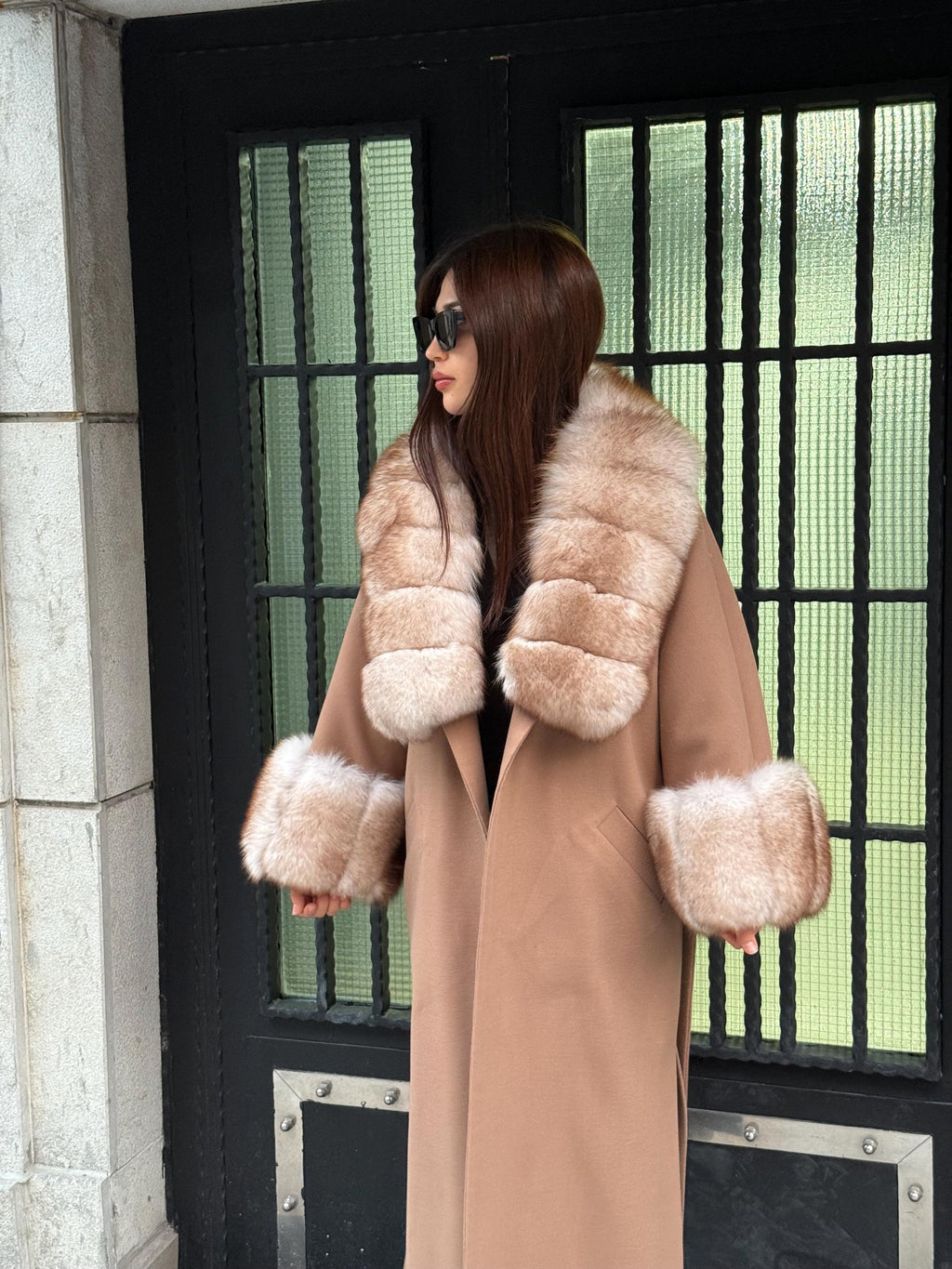 Camel Long Cashmere Collar Cuffs Fox Fur Coat, Women Fox Fur Jacket, Premium Fox Fur Jacket, Collar Huge Fox Fur