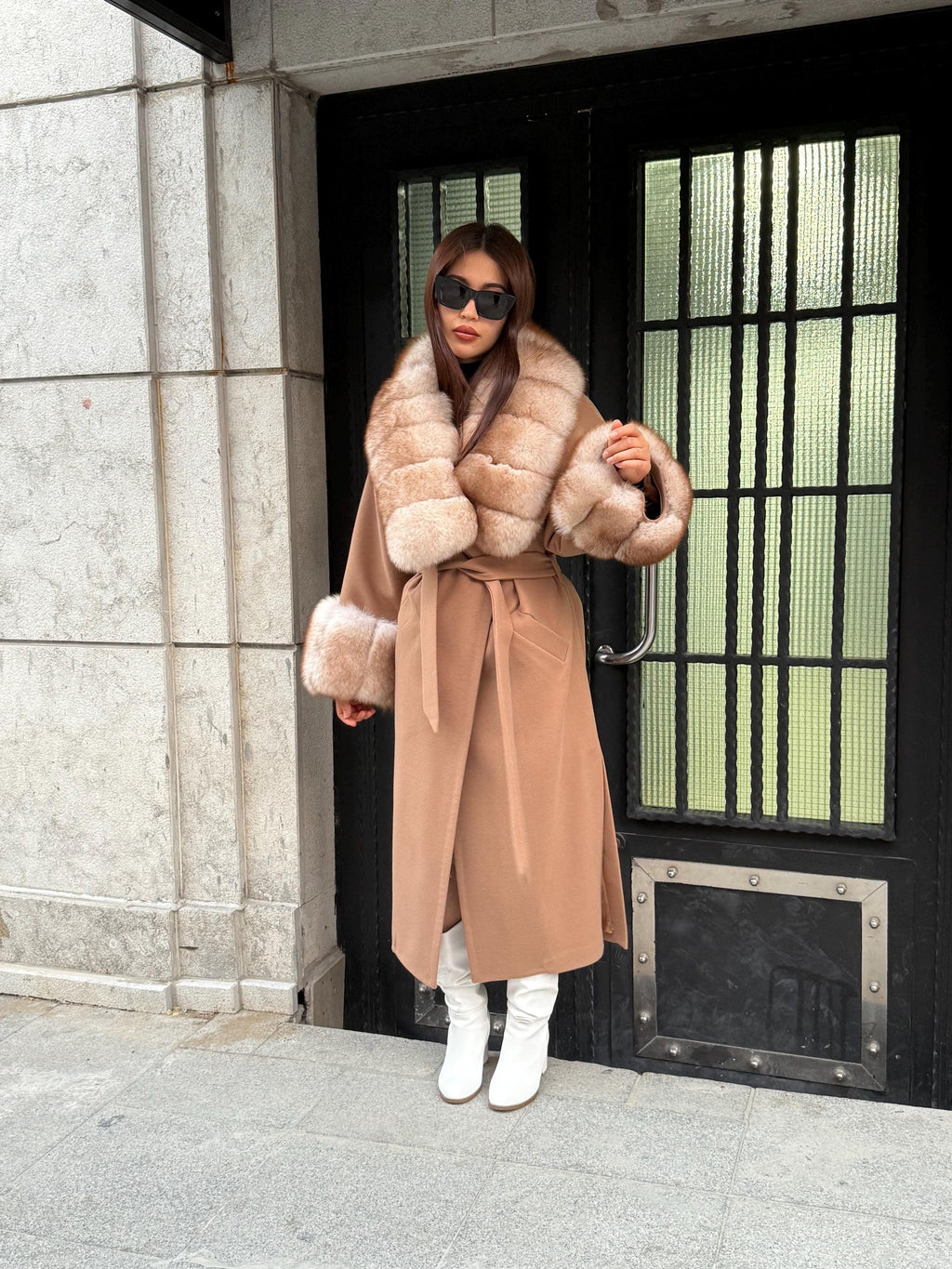 Camel Long Cashmere Collar Cuffs Fox Fur Coat, Women Fox Fur Jacket, Premium Fox Fur Jacket, Collar Huge Fox Fur