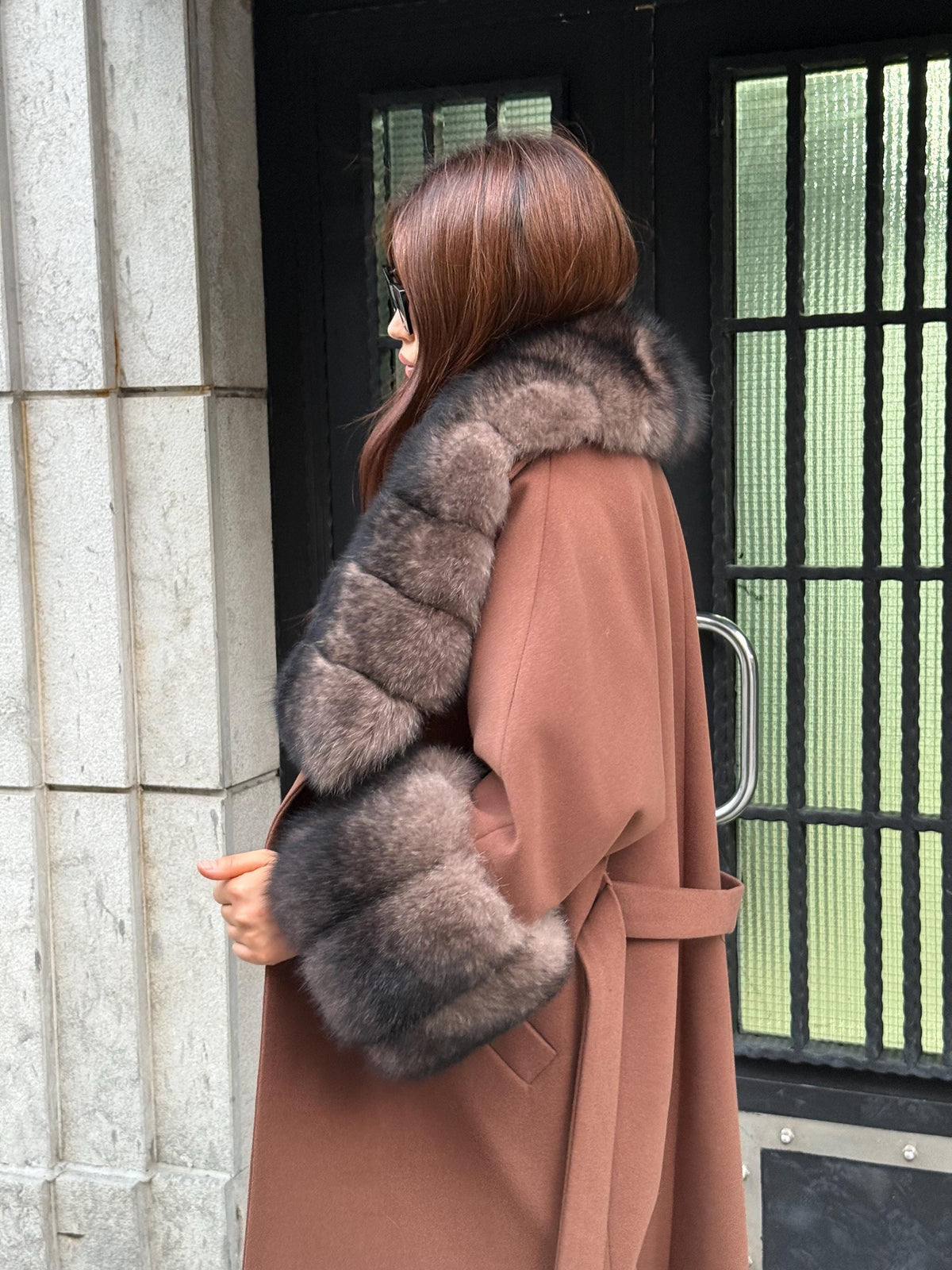 Brown Cashmere Cape Collar Cuffs Fox Fur Jacket, Women Fox Fur Jacket - Sable Brown Fox Fur Jacket