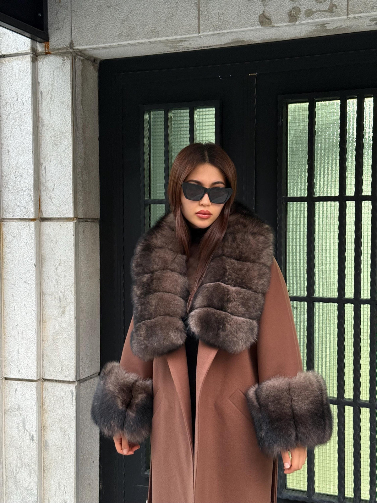 Brown Cashmere Cape Collar Cuffs Fox Fur Jacket, Women Fox Fur Jacket - Sable Brown Fox Fur Jacket