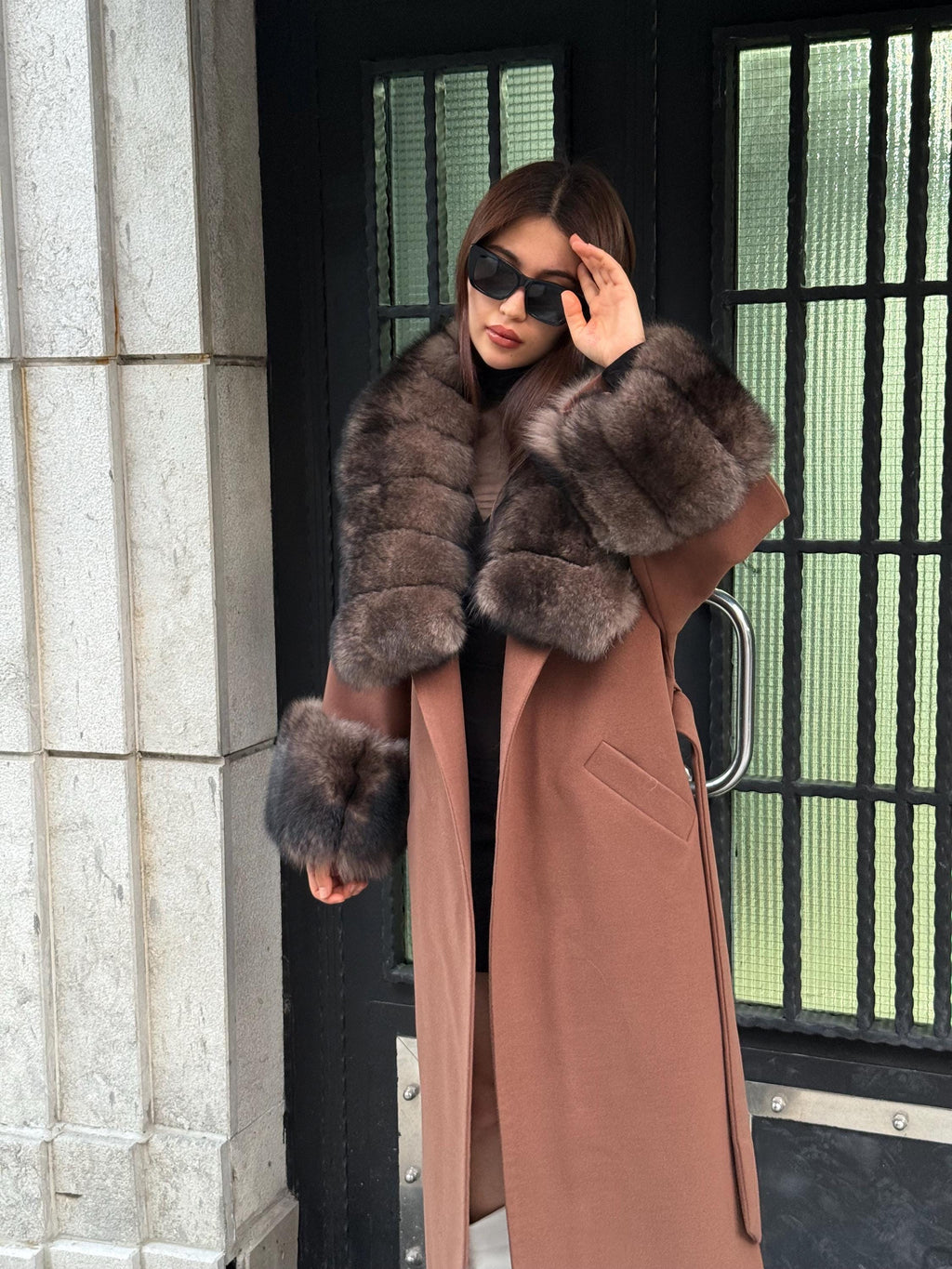 Brown Cashmere Cape Collar Cuffs Fox Fur Jacket, Women Fox Fur Jacket - Sable Brown Fox Fur Jacket