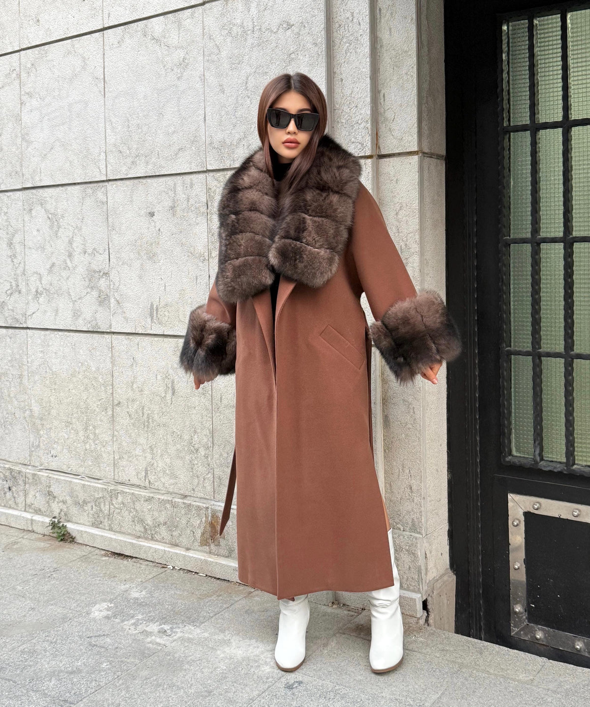 Brown Cashmere Cape Collar Cuffs Fox Fur Jacket, Women Fox Fur Jacket - Sable Brown Fox Fur Jacket