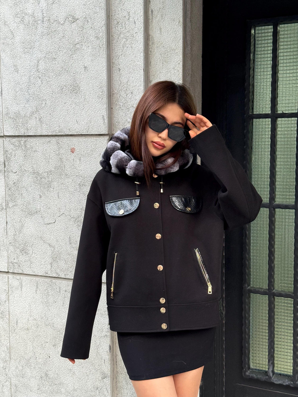Black Short Cashmere Coat With Rex Fur Trim Hood, Casual Jacket With Python Accents