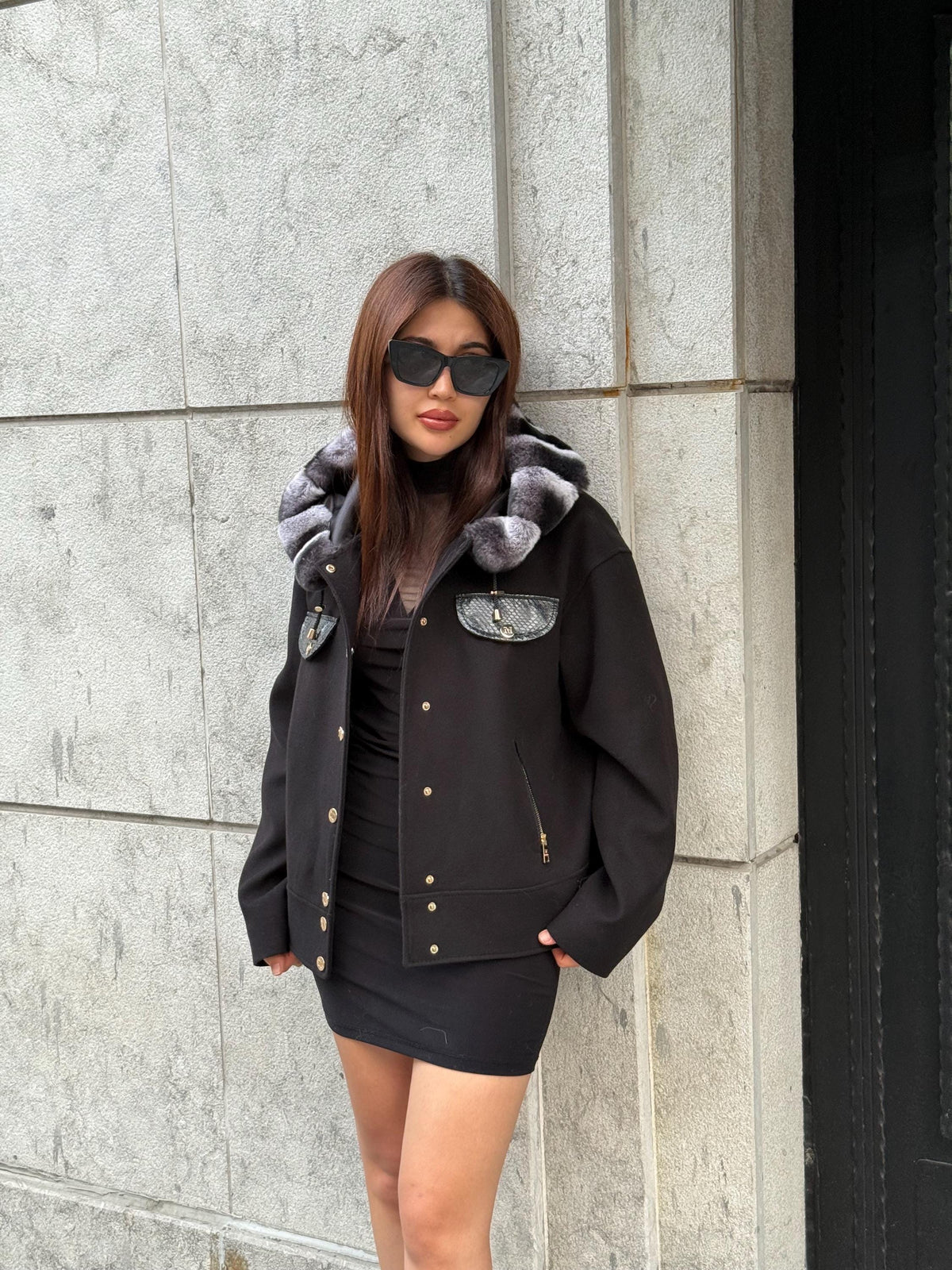 Black Short Cashmere Coat With Rex Fur Trim Hood, Casual Jacket With Python Accents