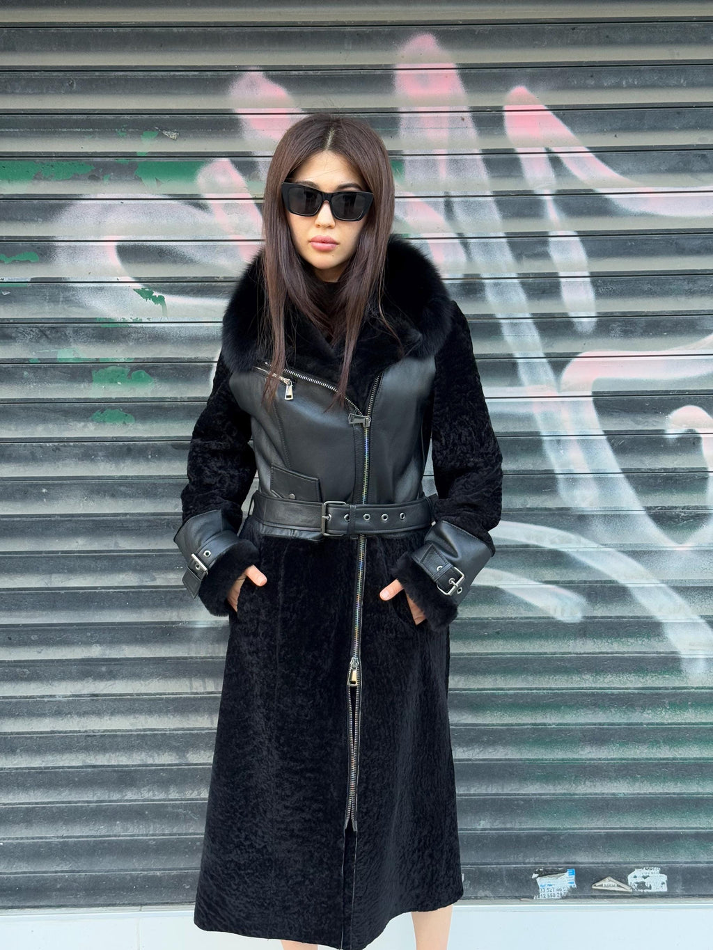 Black Shearling Astrakhan Coat with Fox Fur Trim, Handmade Winter Sheepskin Long Coat