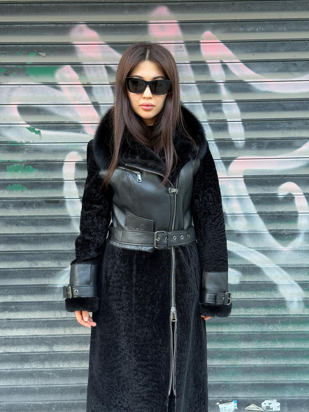 Black Shearling Astrakhan Coat with Fox Fur Trim, Handmade Winter Sheepskin Long Coat