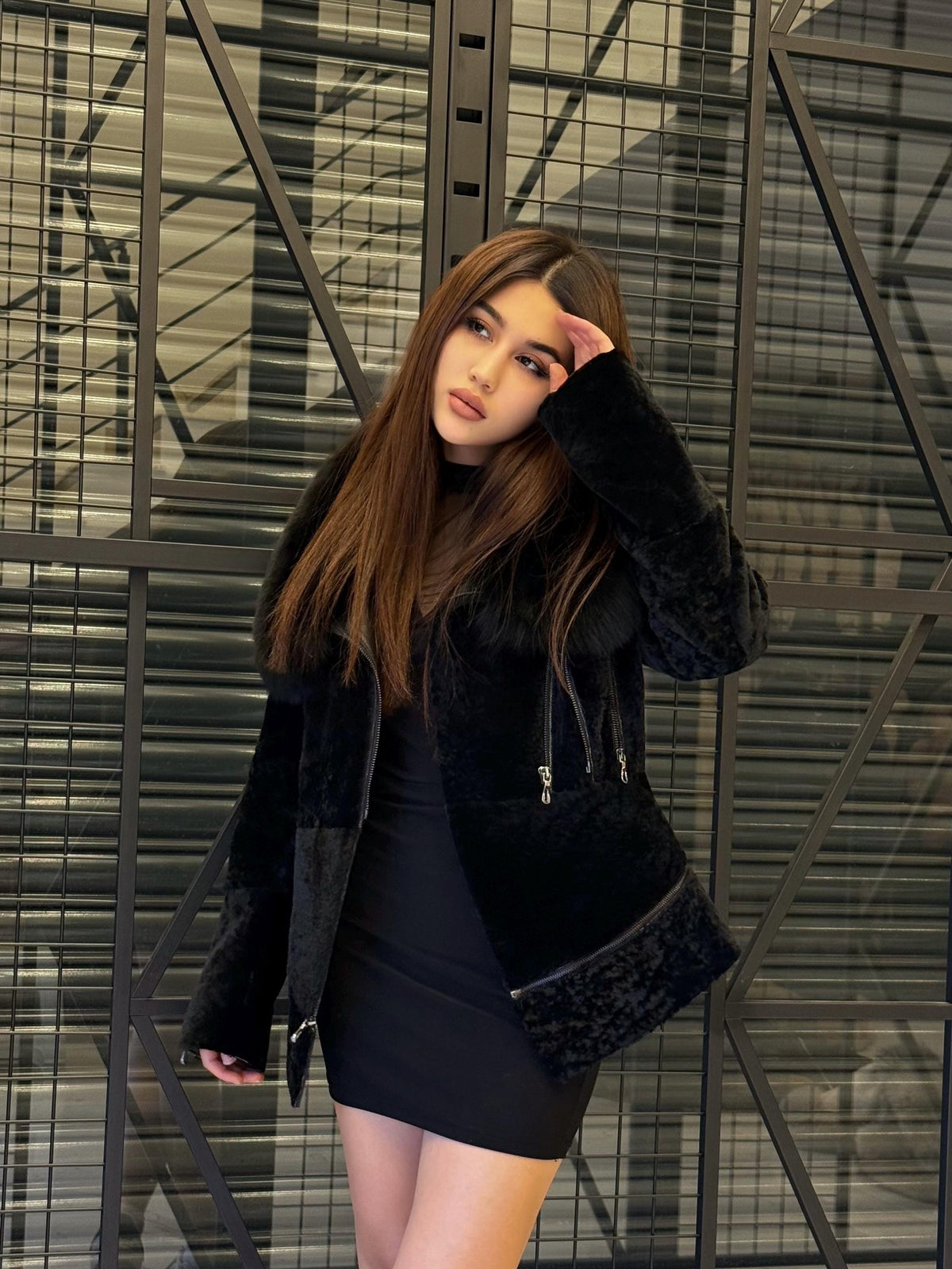 Black Astrakhan Shearling Jacket: Fox Fur Collar, Luxury Lamb Fur Coat