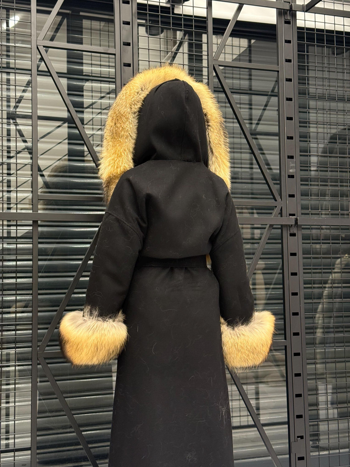 Black Cashmere Coat & Hood Cuffs Fox Fur Jacket, Women Fox Fur Jacket, Gold Raccoon Fox Fur Jacket.. Premium Fox Fur Coat