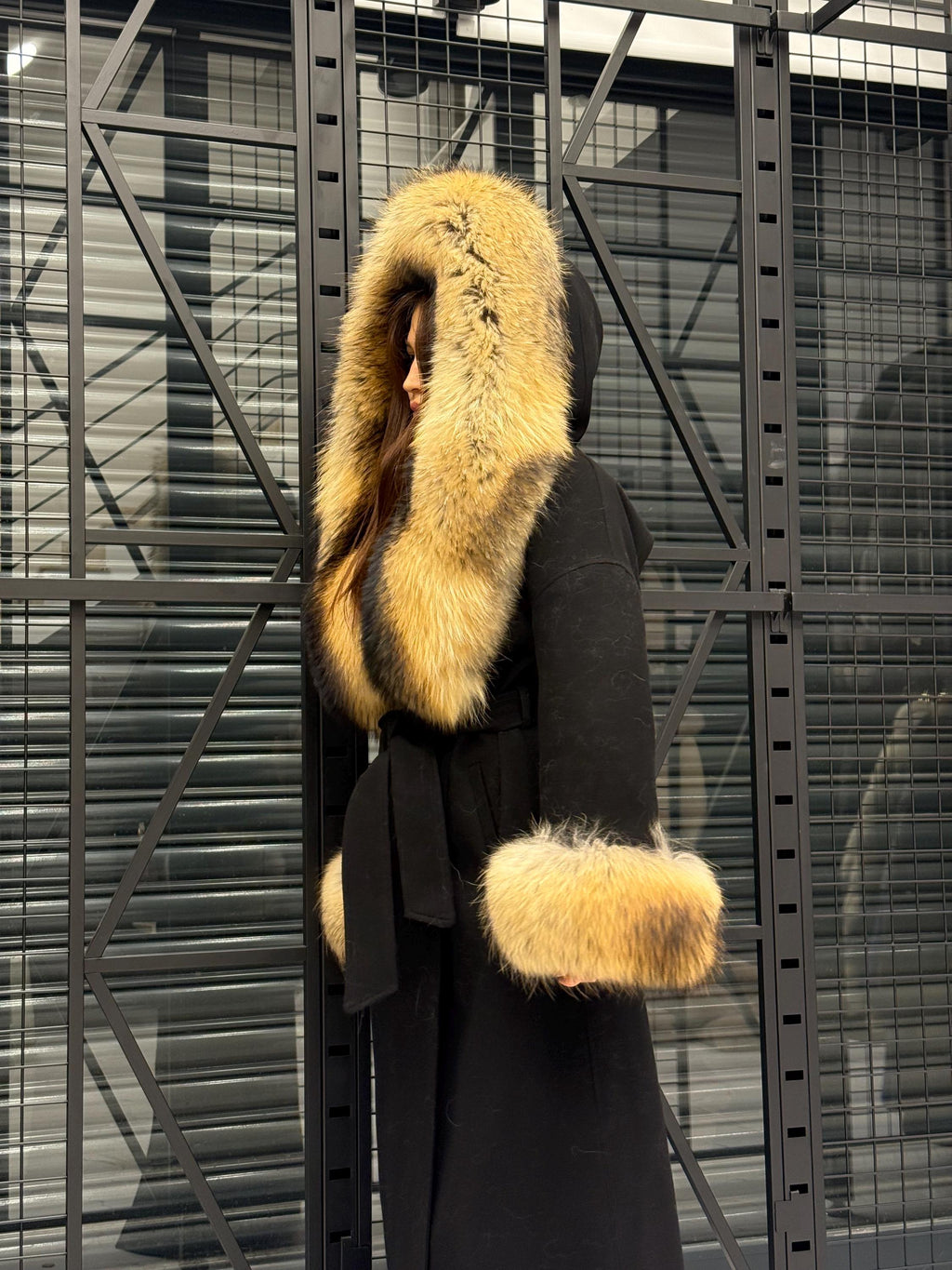 Black Cashmere Coat & Hood Cuffs Fox Fur Jacket, Women Fox Fur Jacket, Gold Raccoon Fox Fur Jacket.. Premium Fox Fur Coat