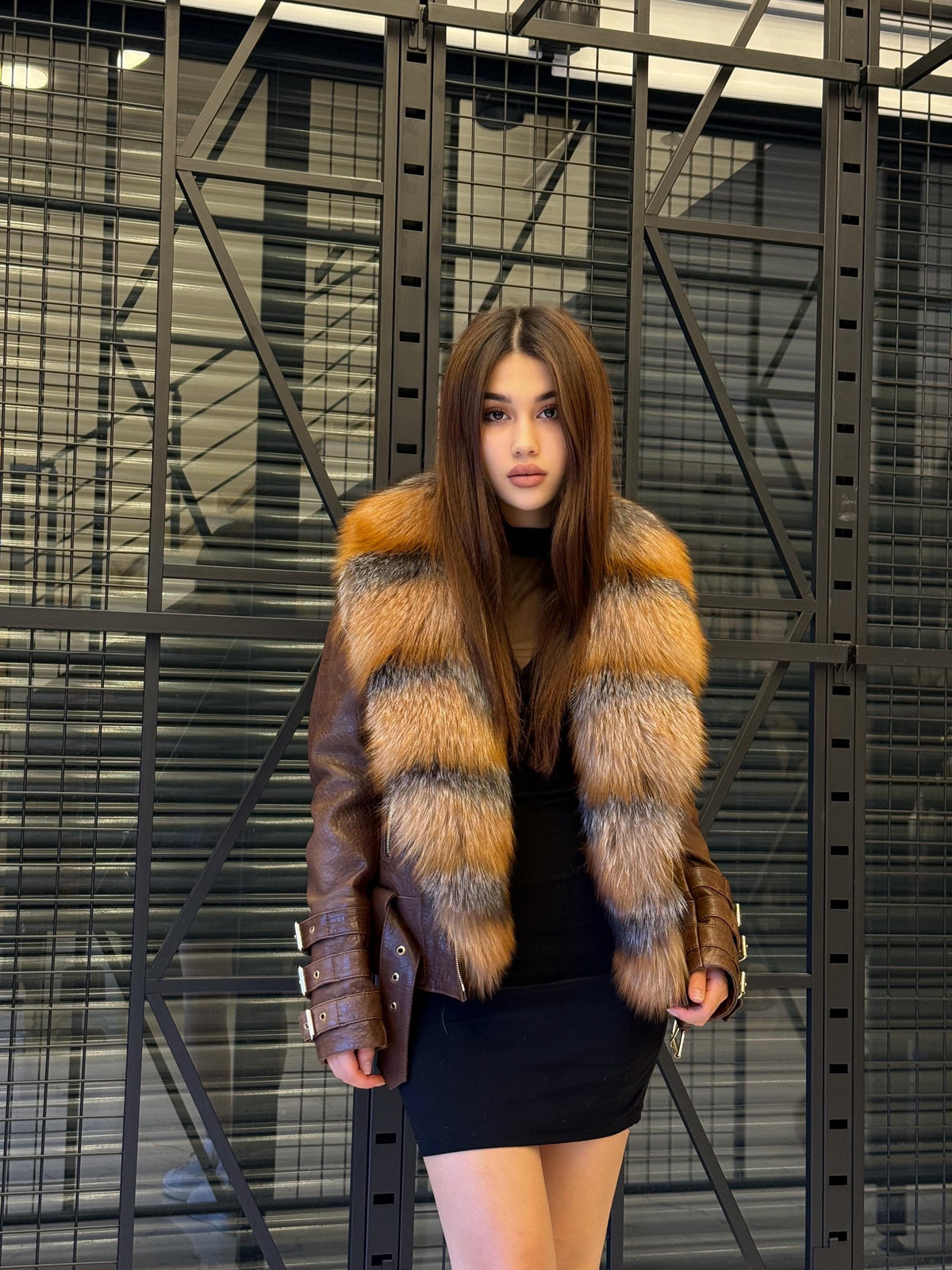 Brown Leather Front Golden Fox Fur Trim Jacket , Women Plus Size Outerwear