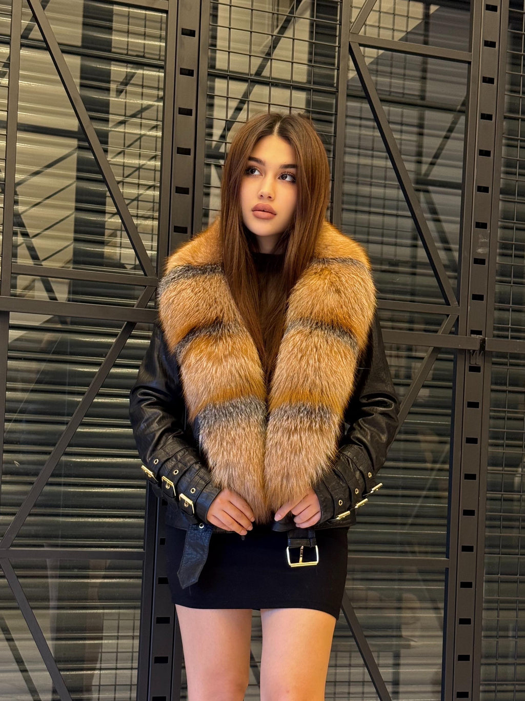 Black Leather Front Golden Fox Fur Jacket, Women Leather Coat