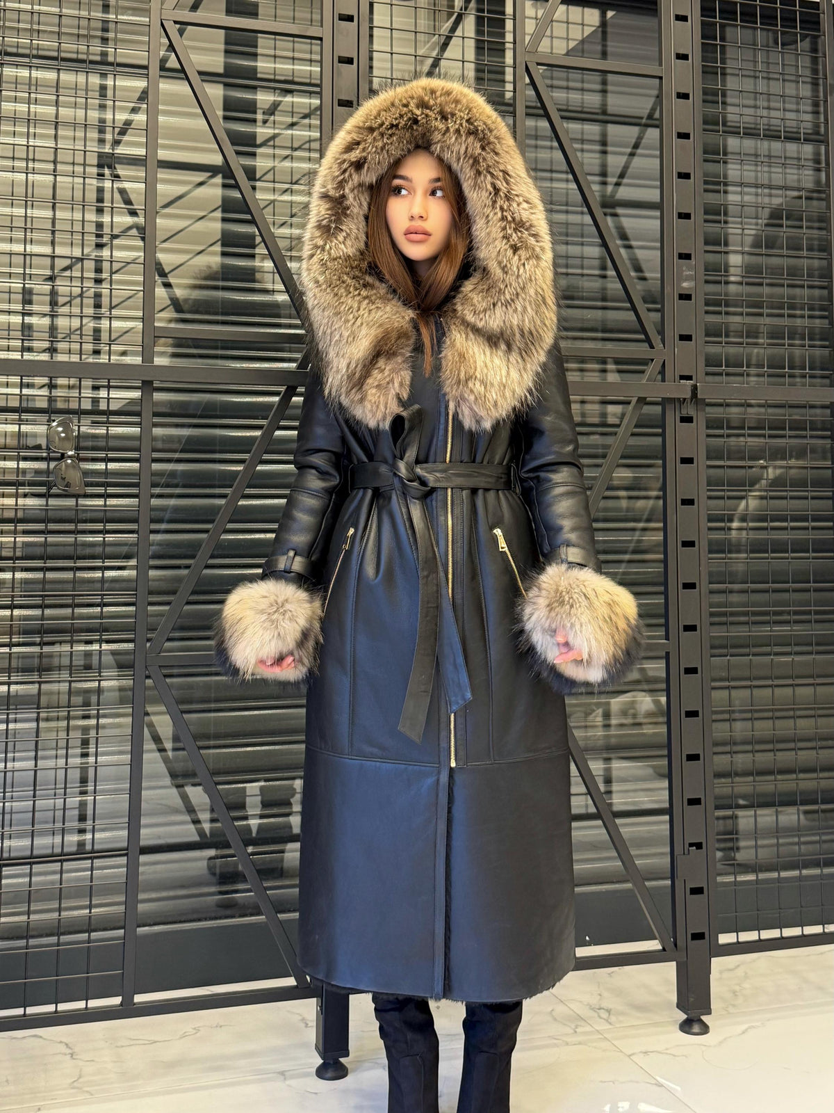 Black Sheepskin Shearling Coat: Fox Fur Trim, Handmade Hooded Long Lamb Fur Jacket