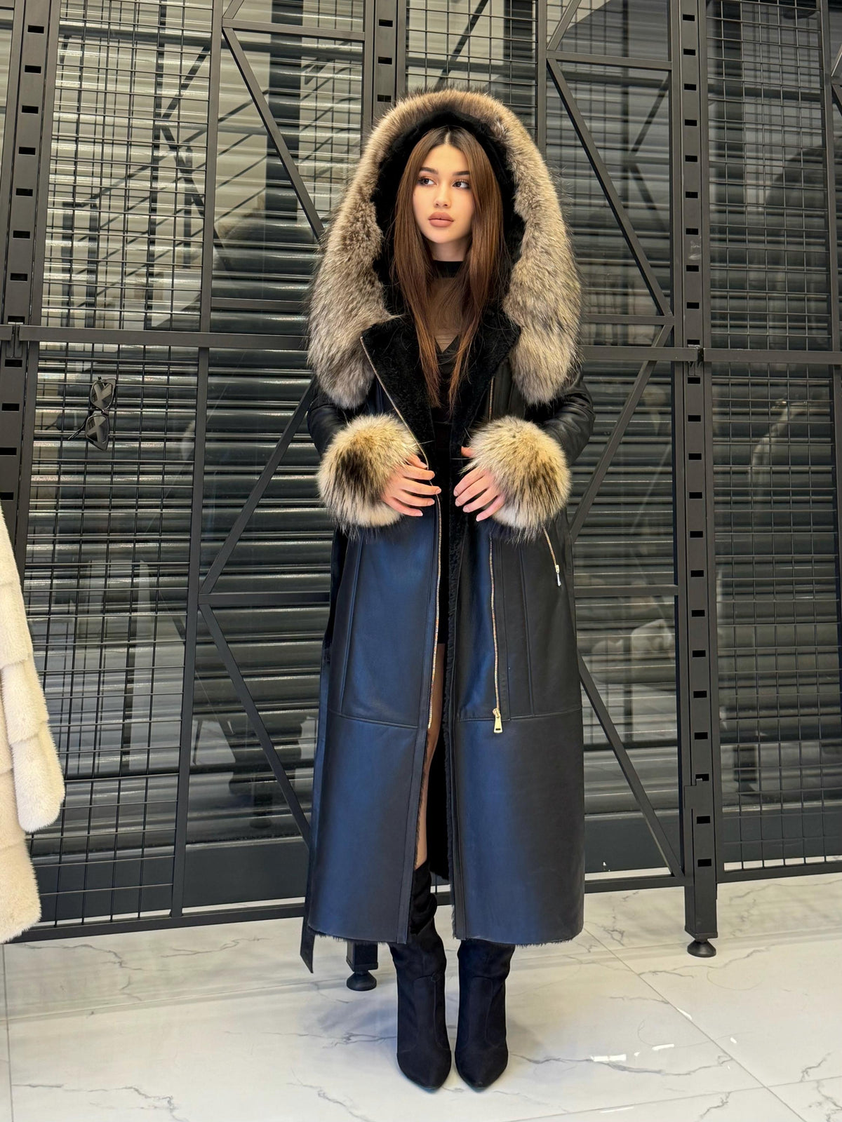 Black Sheepskin Shearling Coat: Fox Fur Trim, Handmade Hooded Long Lamb Fur Jacket