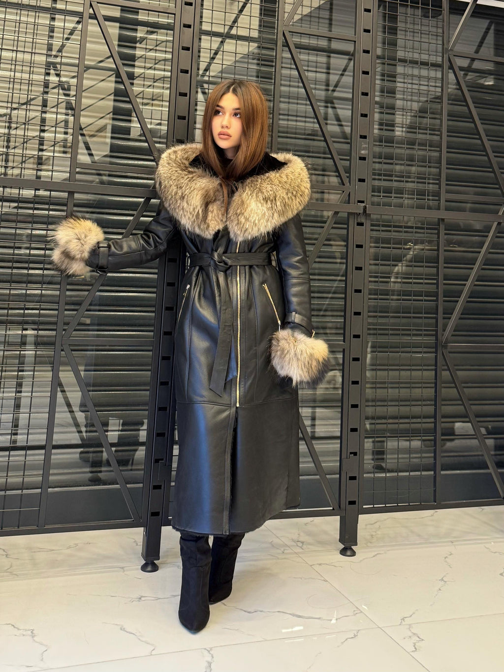 Black Sheepskin Shearling Coat: Fox Fur Trim, Handmade Hooded Long Lamb Fur Jacket