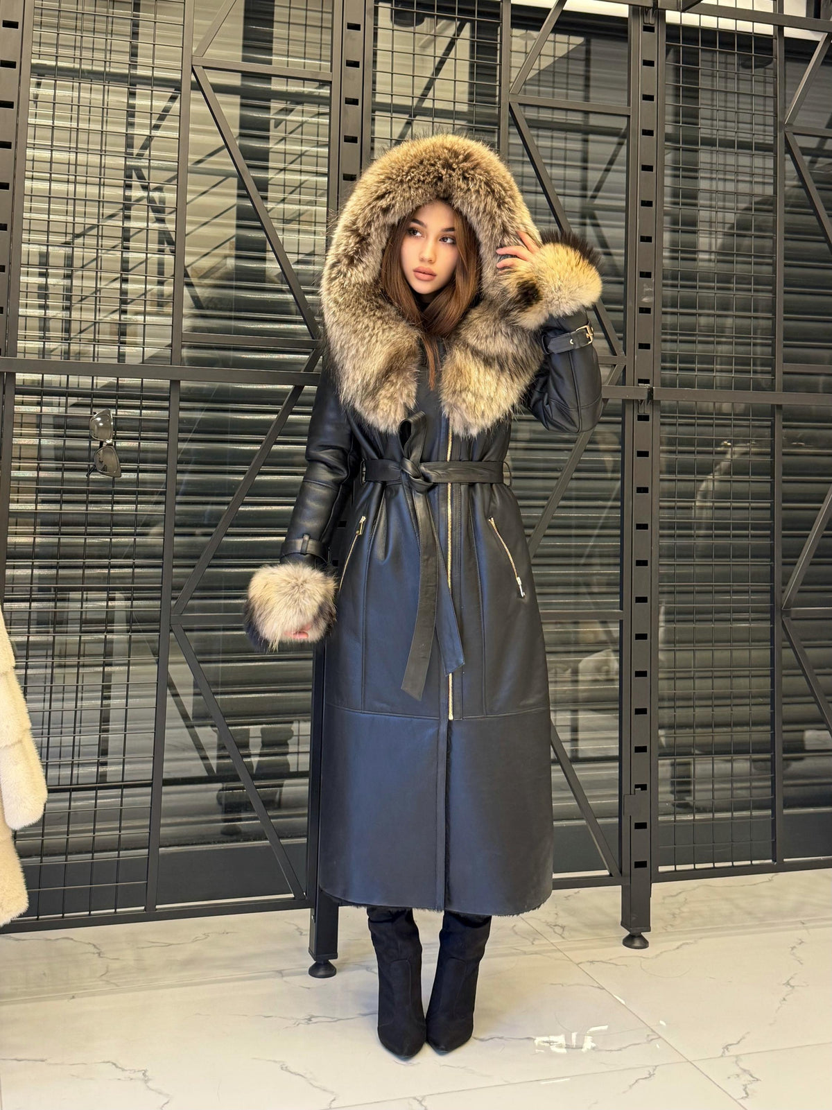 Black Sheepskin Shearling Coat: Fox Fur Trim, Handmade Hooded Long Lamb Fur Jacket