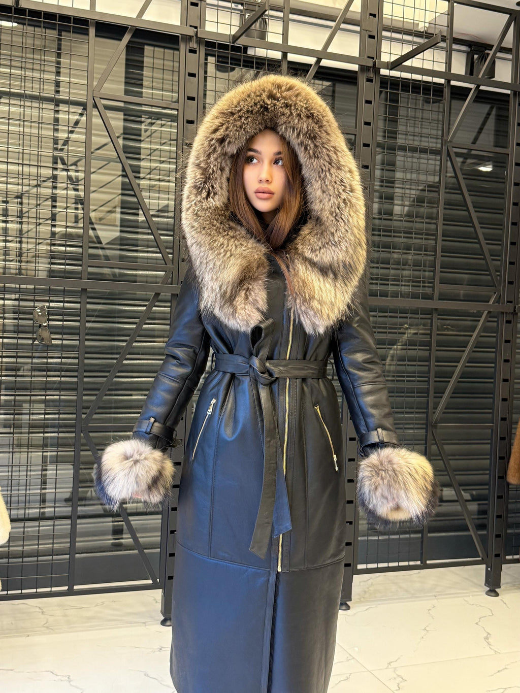 Black Sheepskin Shearling Coat: Fox Fur Trim, Handmade Hooded Long Lamb Fur Jacket