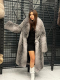 Luxury Silver Frost Fox Fur Coat, Handmade Winter Long Fox Fur Jacket For Women