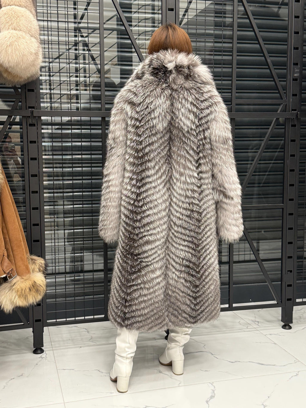 Luxury Silver Frost Fox Fur Coat, Handmade Winter Long Fox Fur Jacket For Women