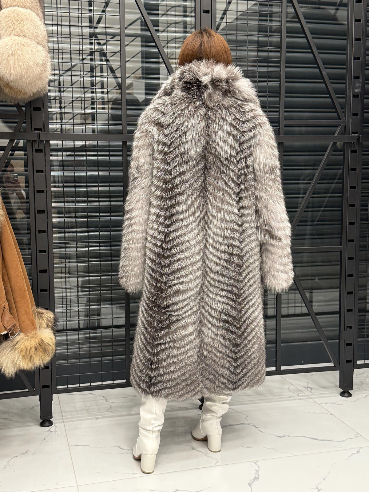 Luxury Silver Frost Fox Fur Coat, Handmade Winter Long Fox Fur Jacket For Women