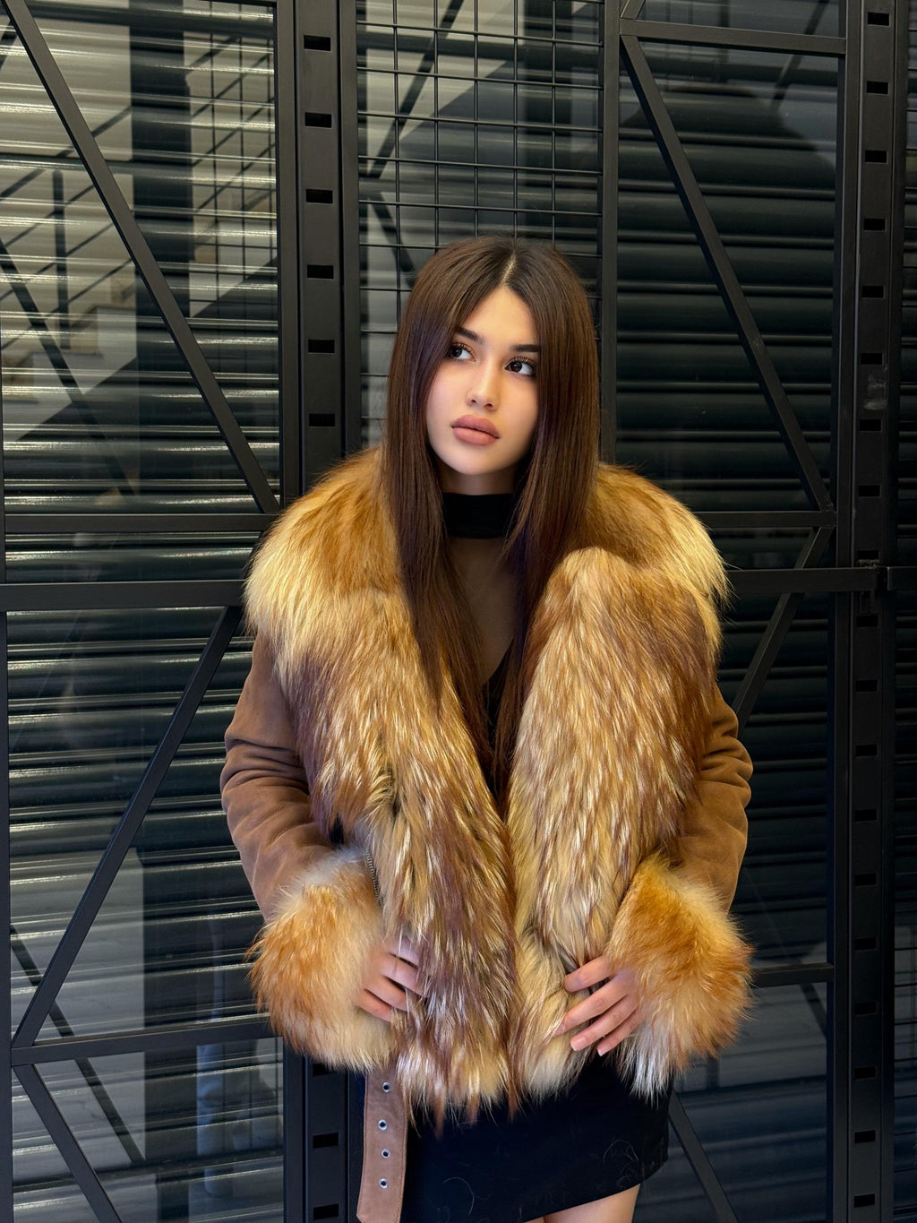 Whisky Brown Shearling Coat, Hanmade Lambskin Front Cuffs - Fox Fur Jacket