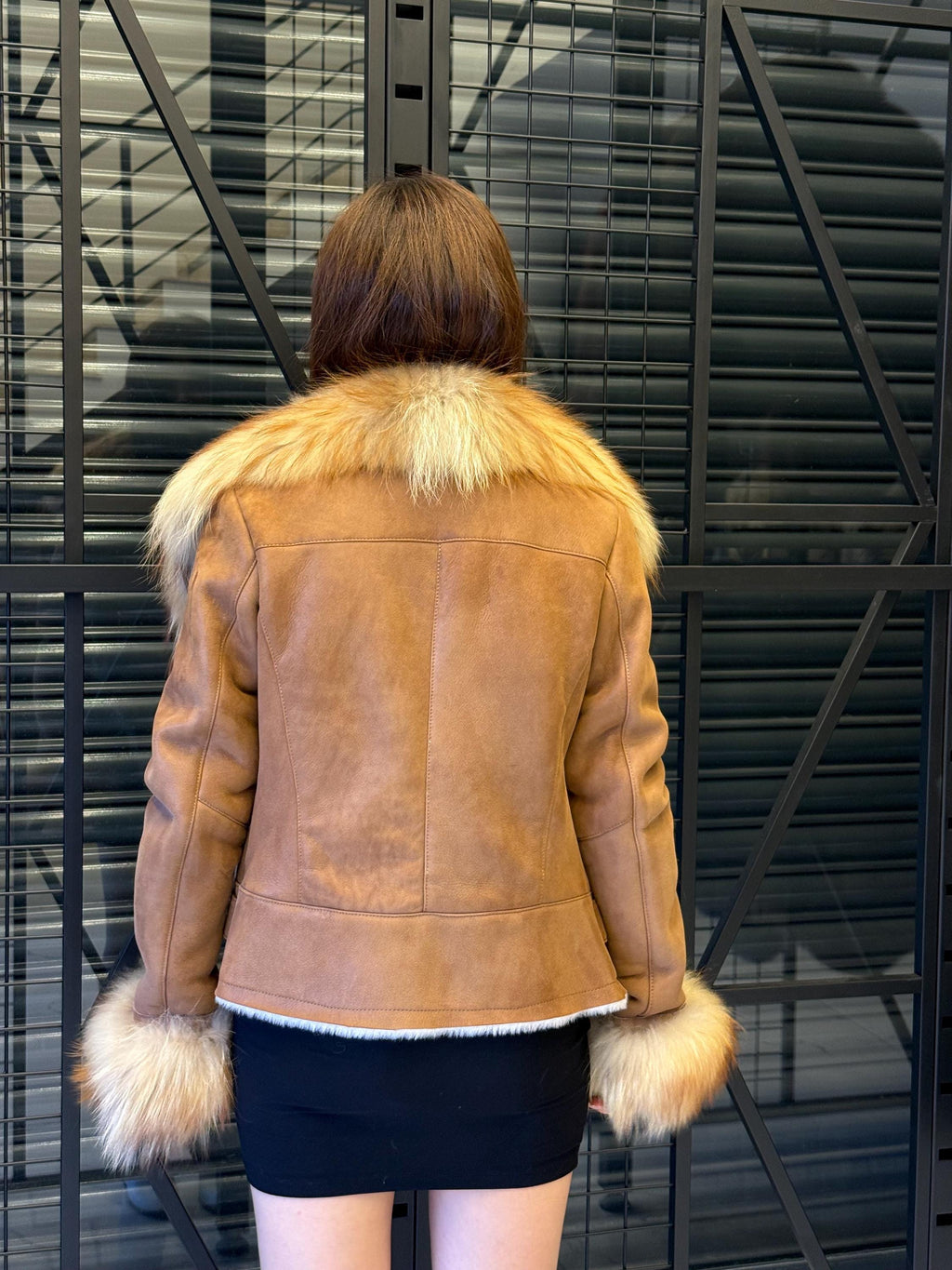 Whisky Brown Shearling Coat, Hanmade Lambskin Front Cuffs - Fox Fur Jacket