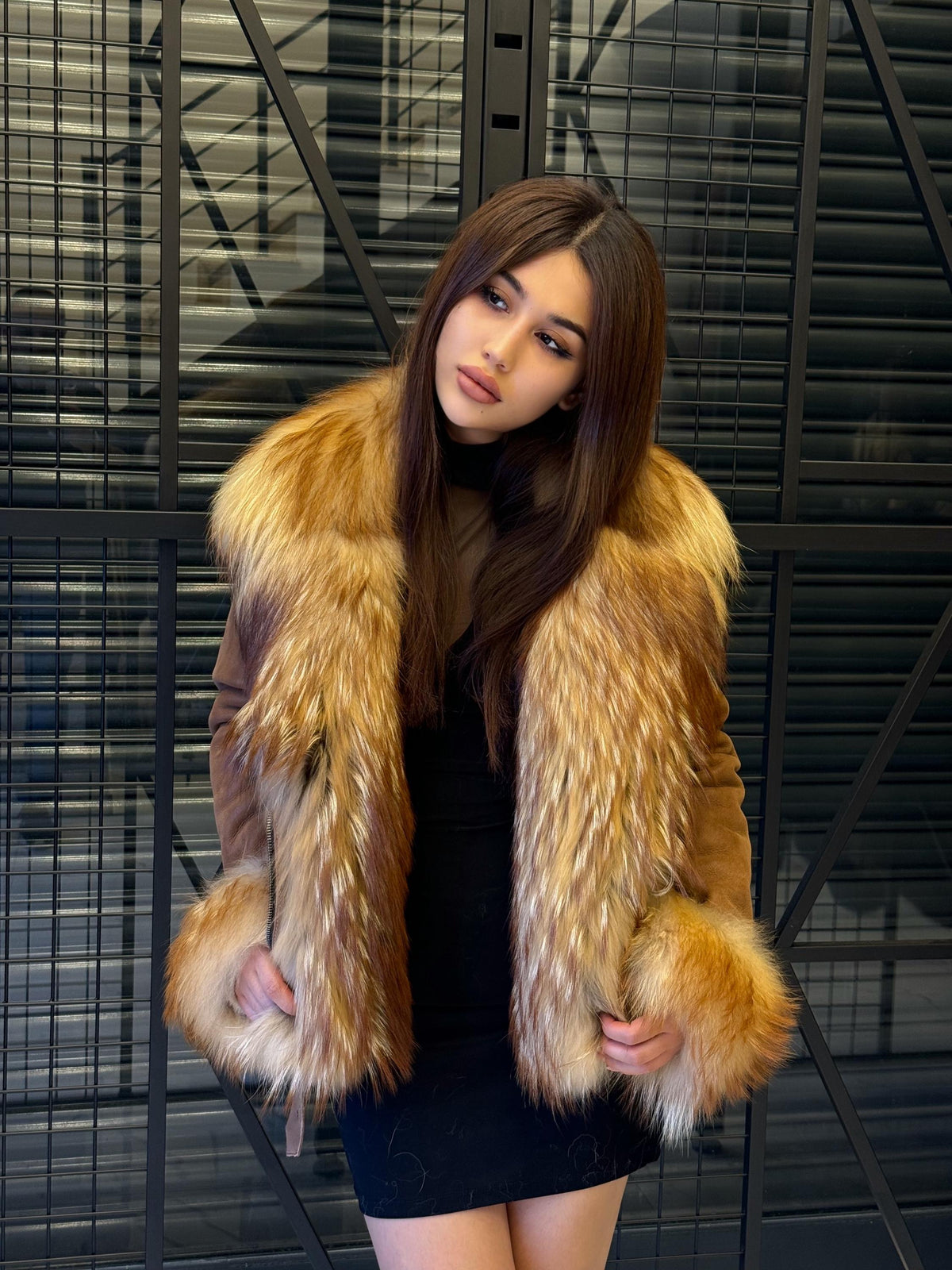 Whisky Brown Shearling Coat, Hanmade Lambskin Front Cuffs - Fox Fur Jacket