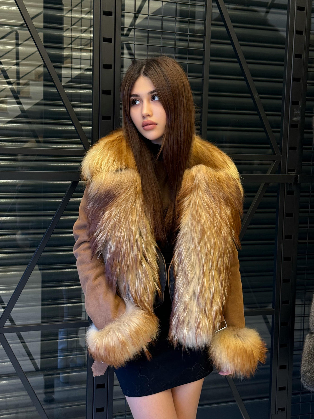 Whisky Brown Shearling Coat, Hanmade Lambskin Front Cuffs - Fox Fur Jacket