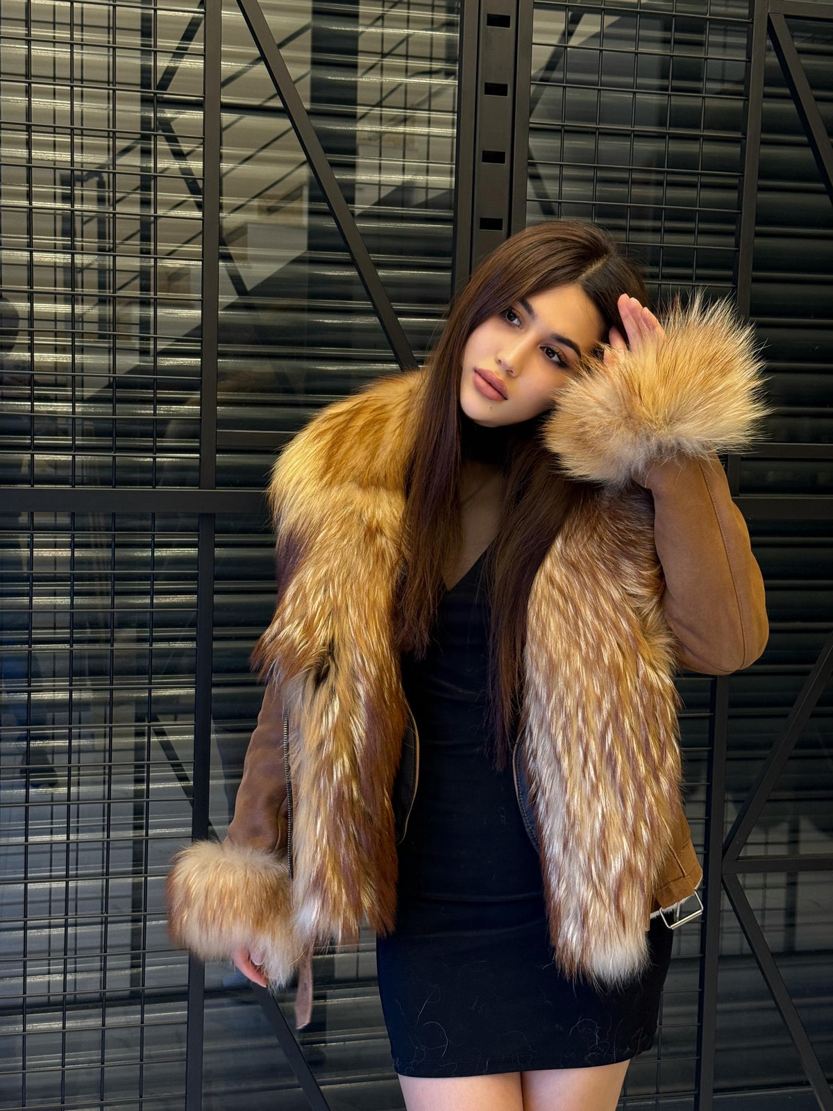 Whisky Brown Shearling Coat, Hanmade Lambskin Front Cuffs - Fox Fur Jacket