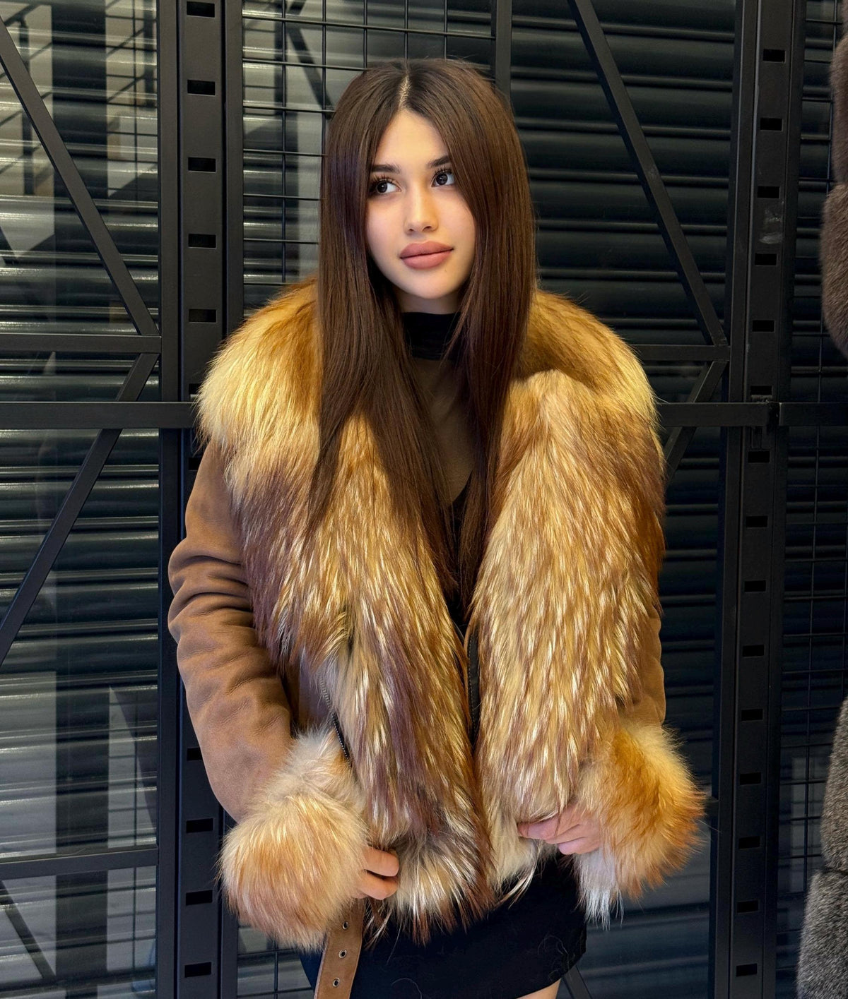 Whisky Brown Shearling Coat, Hanmade Lambskin Front Cuffs - Fox Fur Jacket