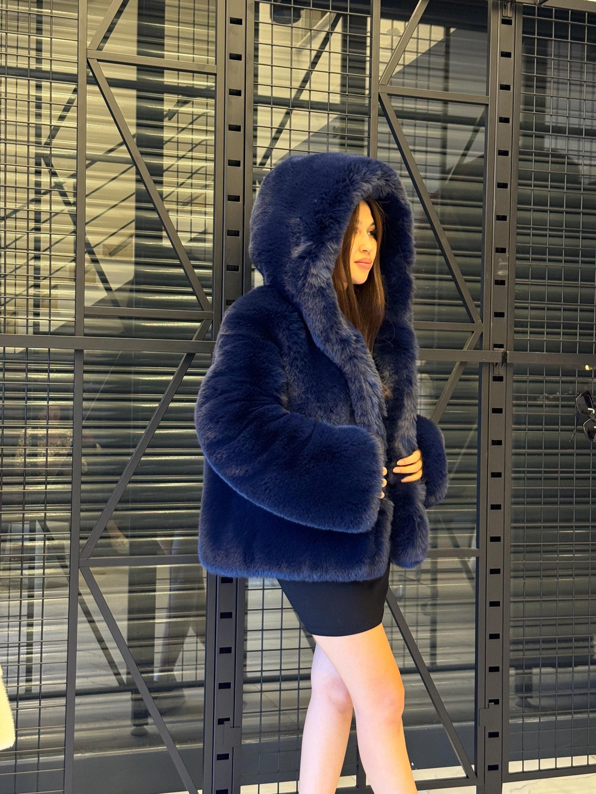 Navy Blue Teddy Faux Fur Coat: Women Vegan Hooded Soft Winter Jacket