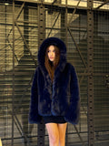 Navy Blue Teddy Faux Fur Coat: Women Vegan Hooded Soft Winter Jacket