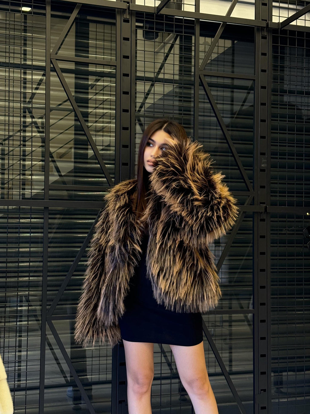 Vegan Faux Goat Fur Jacket: Black & Brown Shaggy Coat