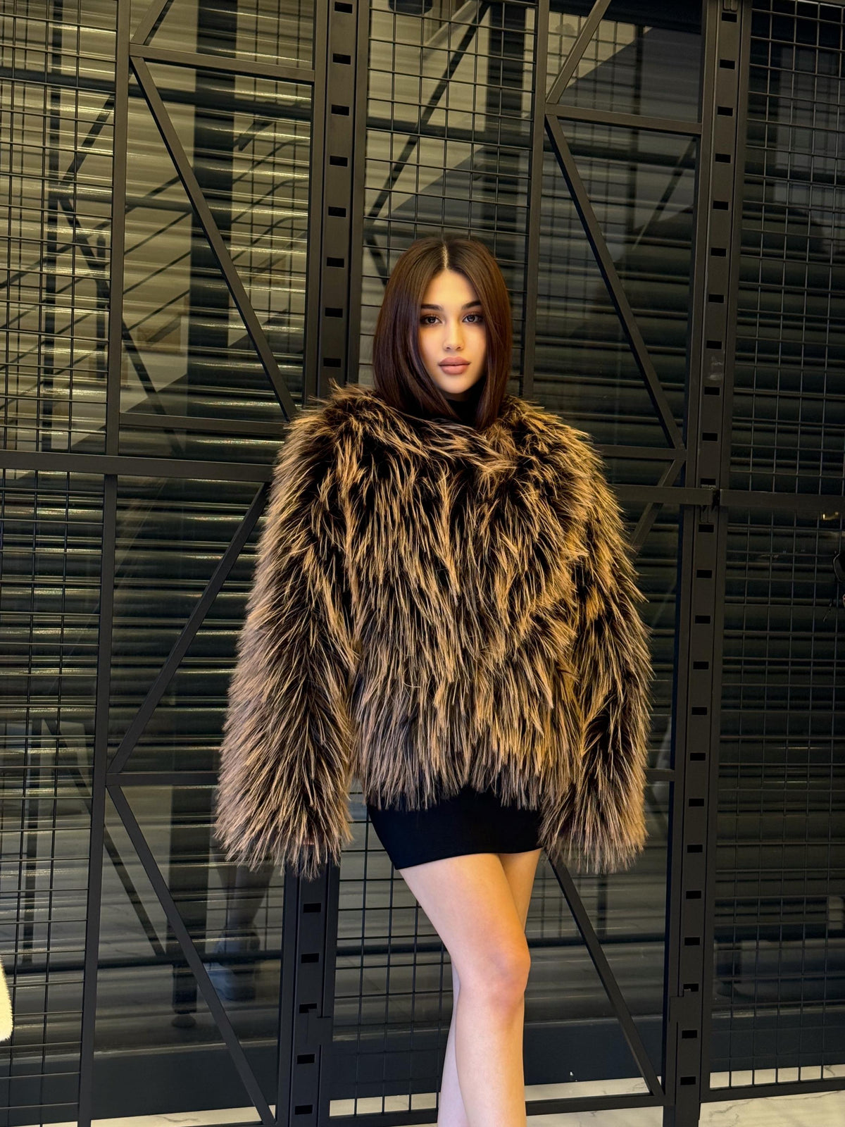 Vegan Faux Goat Fur Jacket: Black & Brown Shaggy Coat