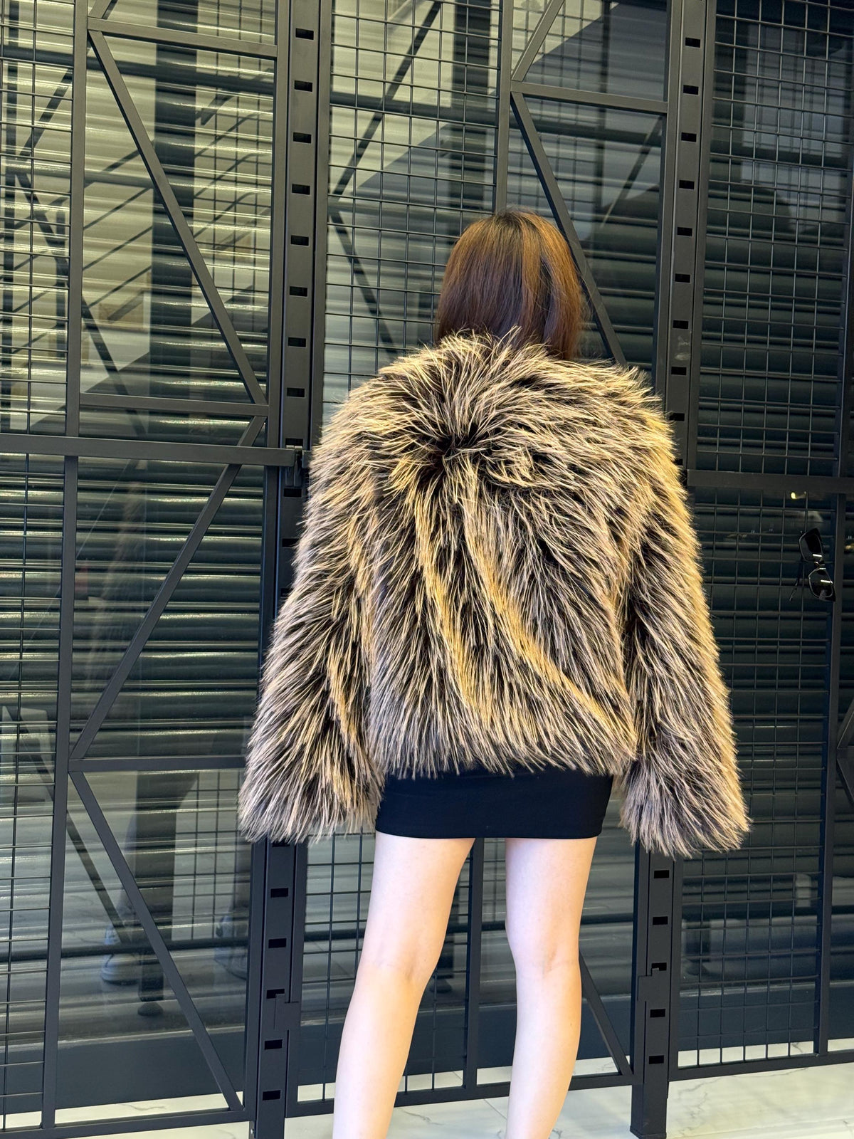 Vegan Faux Goat Fur Jacket: Black & Brown Shaggy Coat