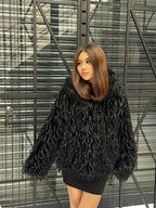 Luxury Black Shaggy Faux Fur Jacket – Long Hair Statement Vegan Ostrich Fur Coat by MiaFur