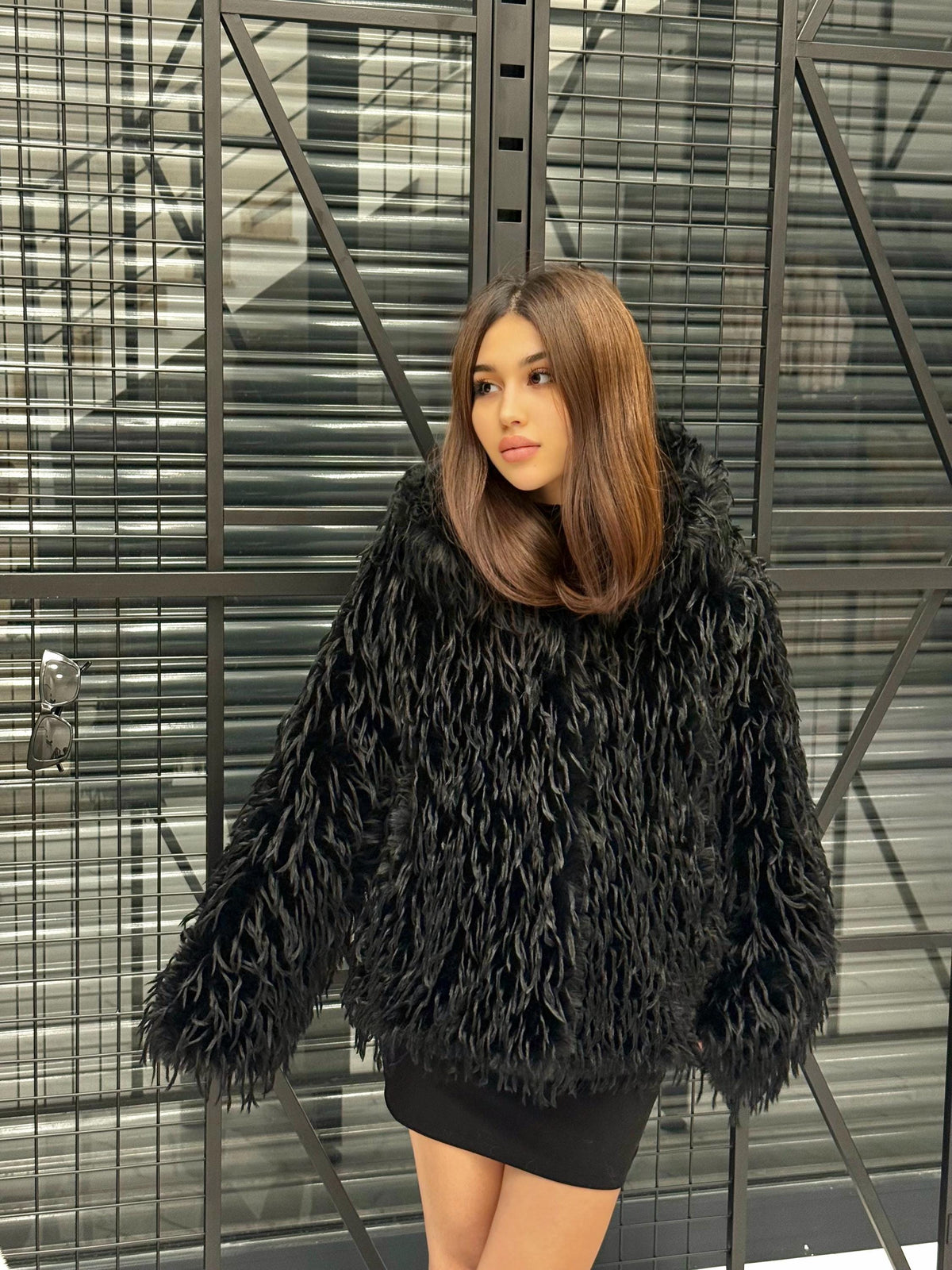 Luxury Black Shaggy Faux Fur Jacket – Long Hair Statement Vegan Ostrich Fur Coat by MiaFur