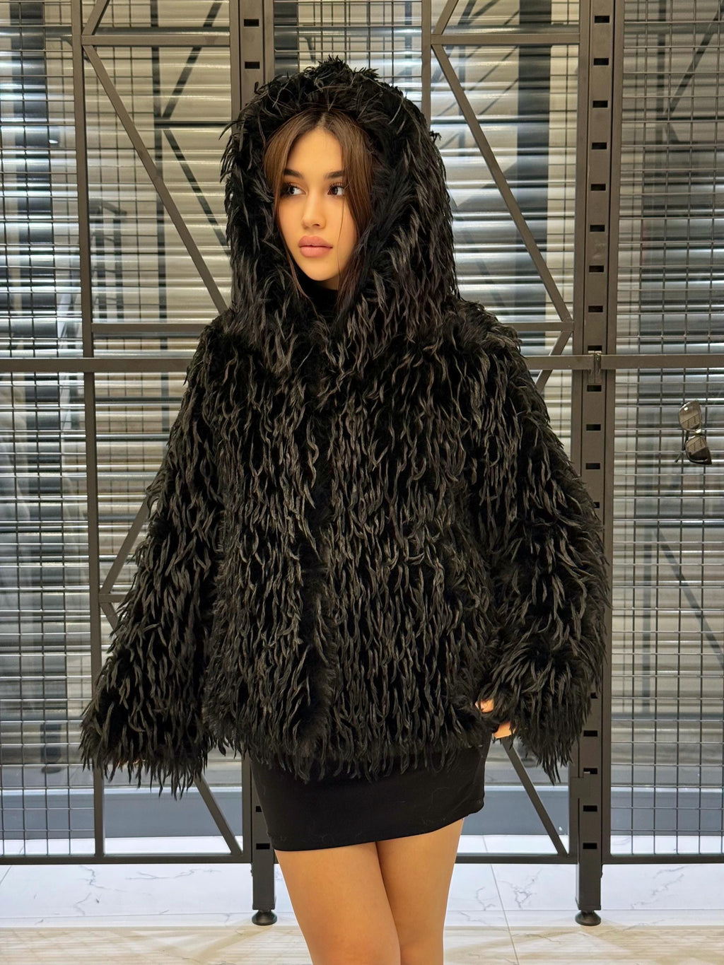 Luxury Black Shaggy Faux Fur Jacket – Long Hair Statement Vegan Ostrich Fur Coat by MiaFur