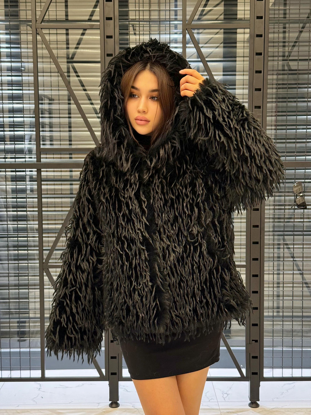 Luxury Black Shaggy Faux Fur Jacket – Long Hair Statement Vegan Ostrich Fur Coat by MiaFur