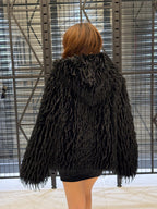 Luxury Black Shaggy Faux Fur Jacket – Long Hair Statement Vegan Ostrich Fur Coat by MiaFur