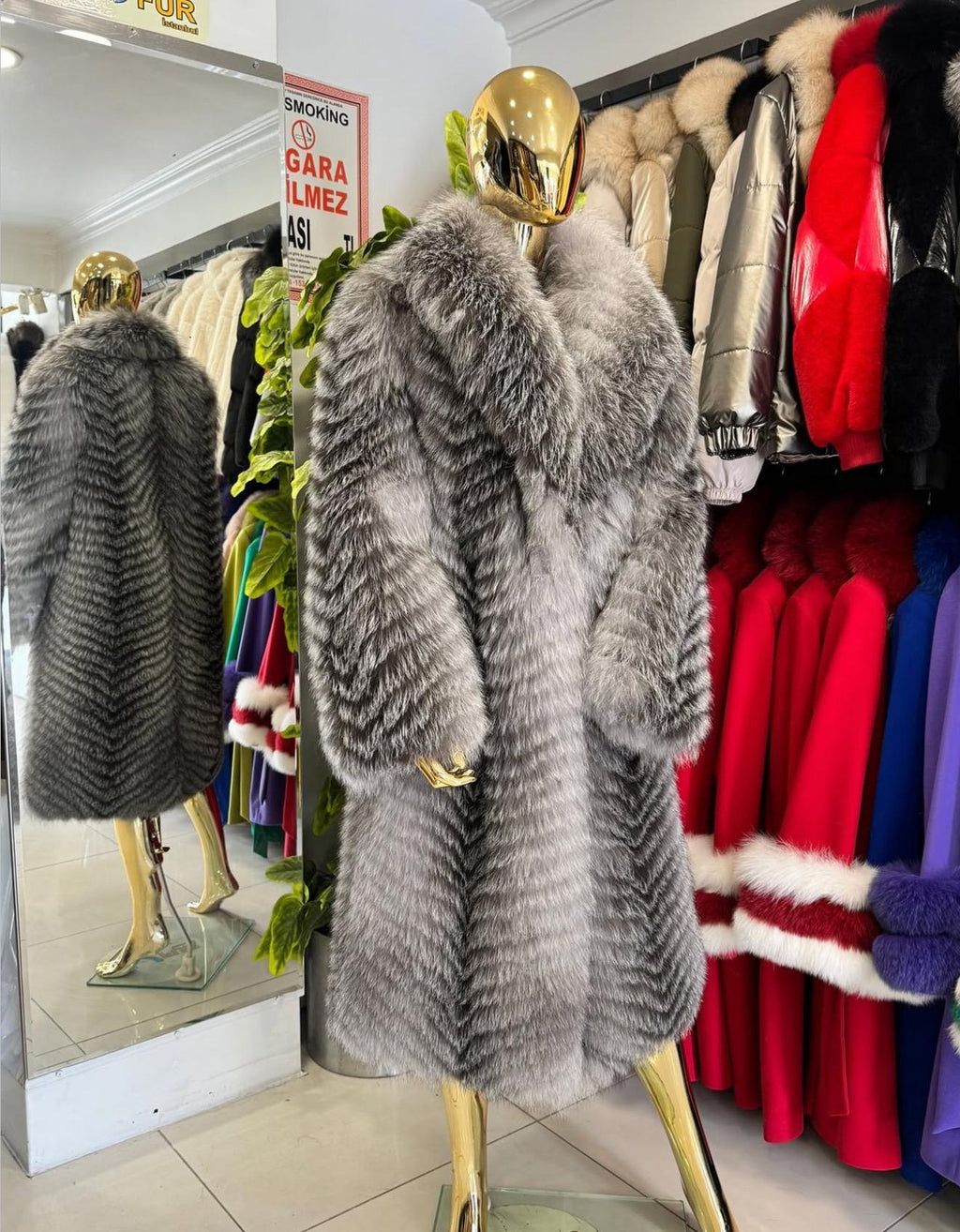 Luxury Silver Frost Fox Fur Coat, Handmade Winter Long Fox Fur Jacket For Women