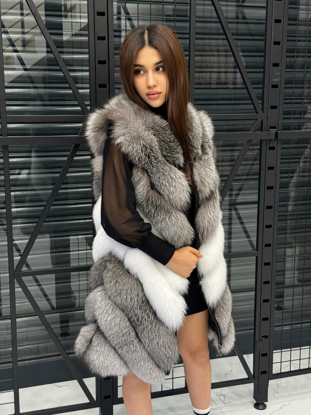 Luxury Frost Fox Fur Coat Women | Handmade Detachable Sleeves 2-in-1 Gray Frost Fox Fur Vest, Silver White Fox Fur Jacket