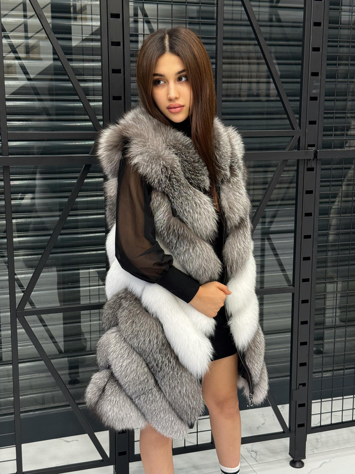 Luxury Frost Fox Fur Coat Women | Handmade Detachable Sleeves 2-in-1 Gray Frost Fox Fur Vest, Silver White Fox Fur Jacket