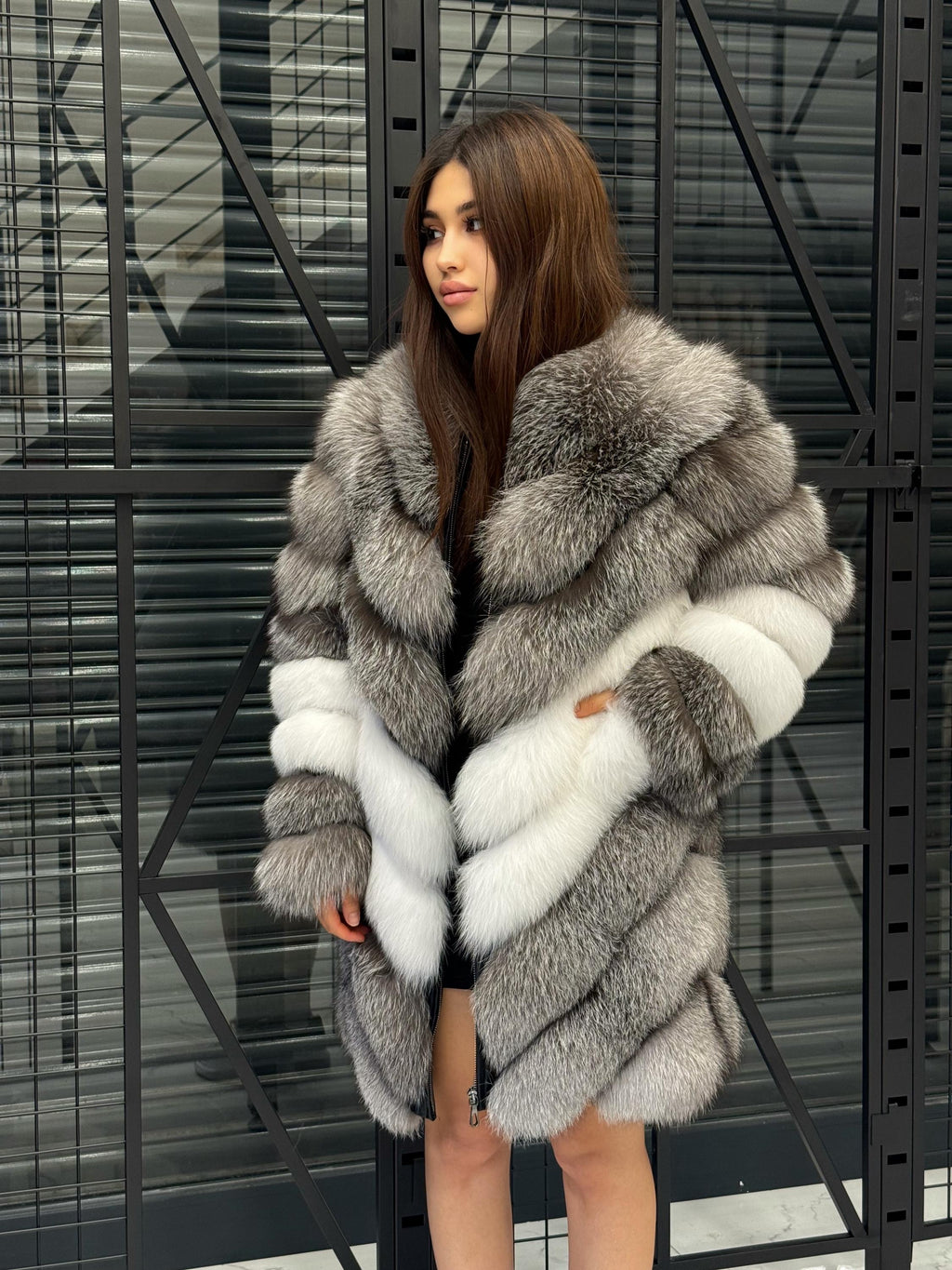 Luxury Frost Fox Fur Coat Women | Handmade Detachable Sleeves 2-in-1 Gray Frost Fox Fur Vest, Silver White Fox Fur Jacket