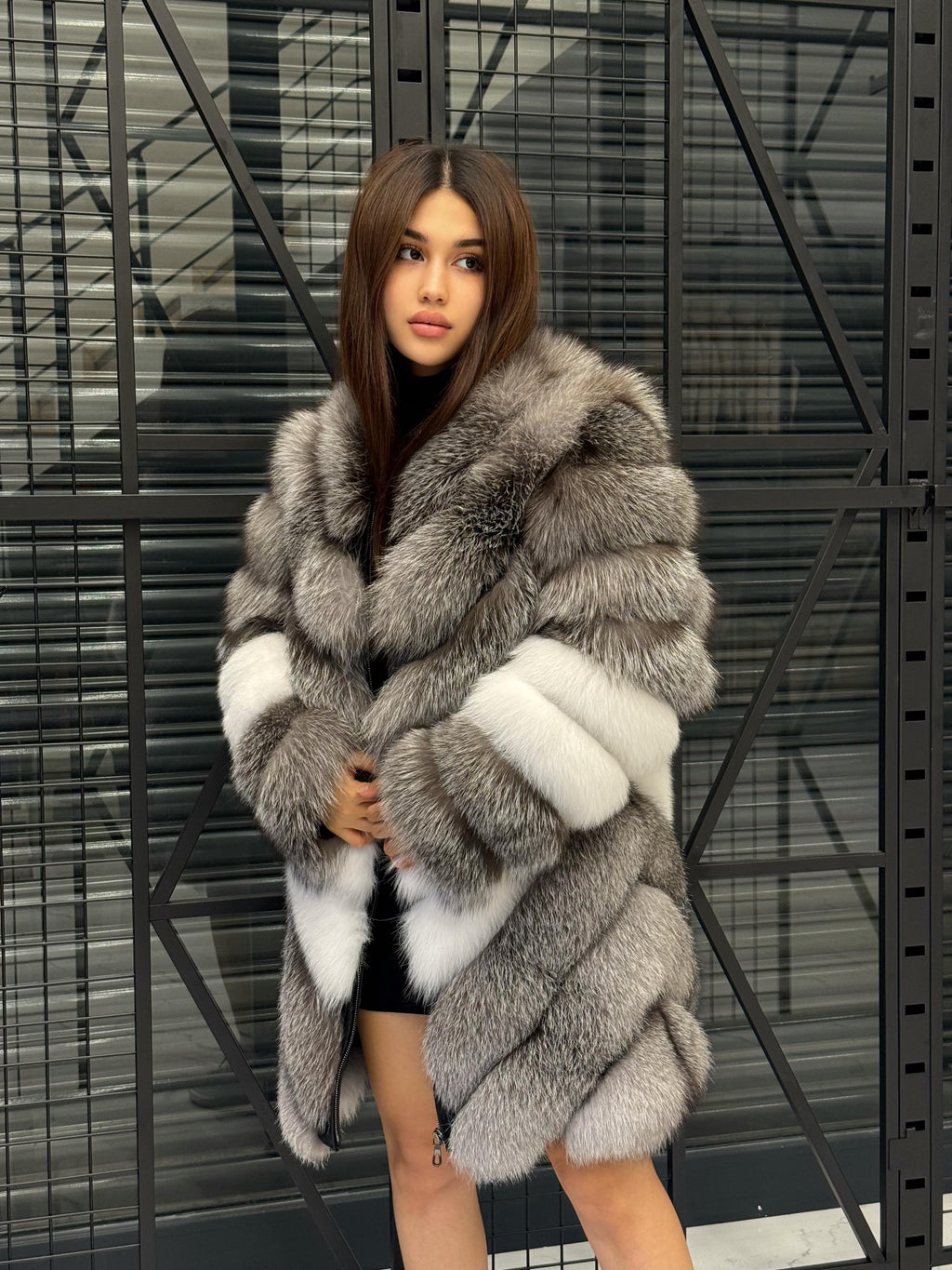 Luxury Frost Fox Fur Coat Women | Handmade Detachable Sleeves 2-in-1 Gray Frost Fox Fur Vest, Silver White Fox Fur Jacket